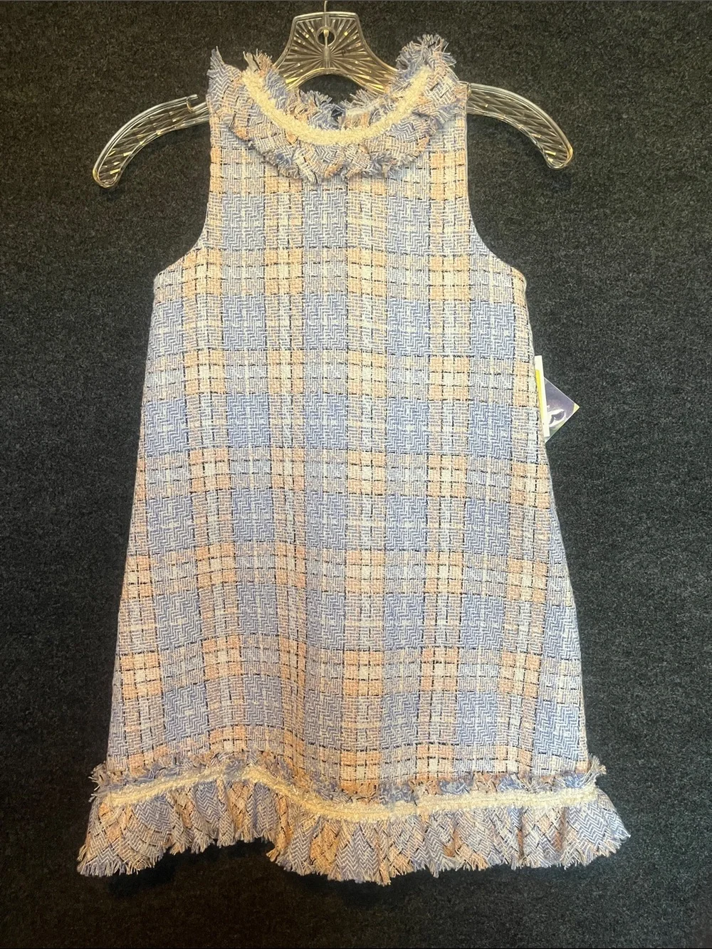Blueberi Boulevard Girls Blue and Cream Tweed Fringe A-Line Dress